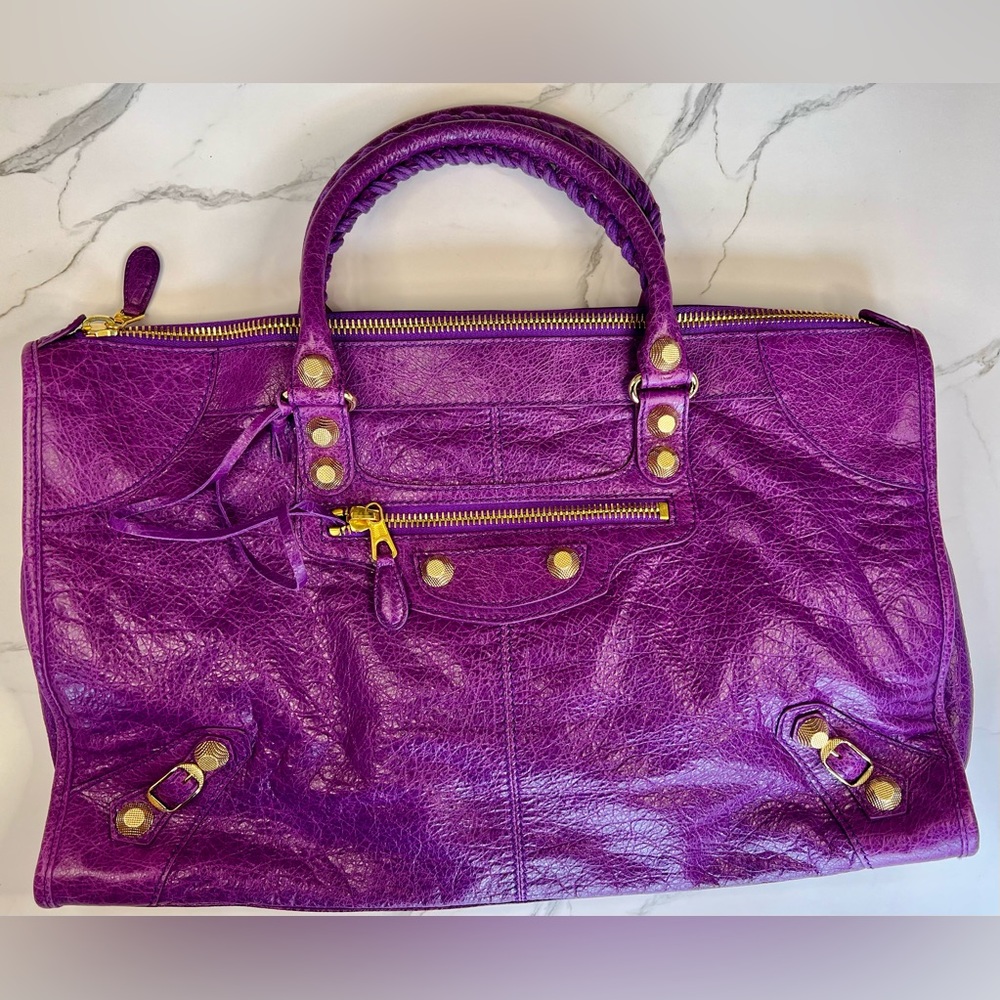BALENCIAGA 2013 Ultra Violet Purple Work Leather Bag with Giant 12 Gold Hardware
